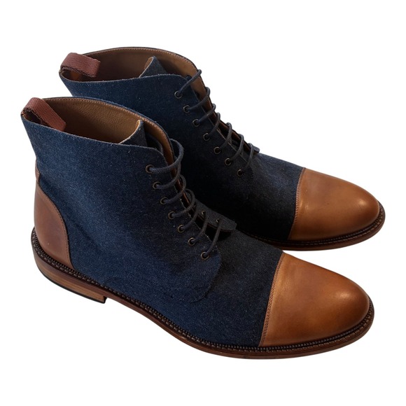 Taft Mens Cap Toe Lace Up Boots Denim Blue Leather Ankle Dress Boots - Picture 2 of 15